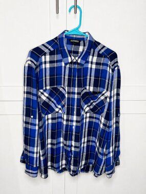 Express | Blue Plaid Button-Front Shirt ✨ size Large